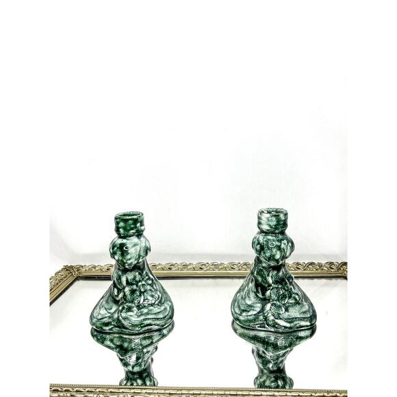 Vintage Pair of Unique Mid century Handmade Green Ceramic Candlestick Holders - Picture 1 of 10
